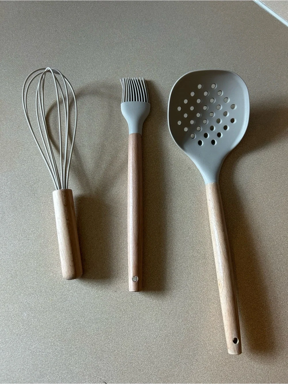 Neutral Gray Silicone & Wood Kitchen Utensil Set - 3 Piece